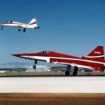The first F-20 built takes off with a T-38 chase plane (background) (U.S. Air Force photo)