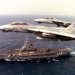 Fighter Squadron 14 (VF-14) F-14A Tomcat aircraft fly over the French aircraft carrier Foch (R 99) during a joint exercise between the FOCH and the aircraft carrier USS John F. Kennedy.