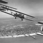 Curtiss B-2 formation flight over Atlantic City, N.J. S/N 28-399 is in the foreground (tail section only). (U.S. Air Force photo)