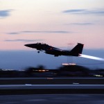 A U.S. Air Force F-15E Strike Eagle takes off from Aviano Air Base, Italy, for an air strike mission in support of NATO Operation Allied Force on March 28, 1999. Operation Allied Force is the air operation against targets in the Federal Republic of Yugoslavia.