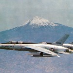 Two U.S. Air Force Republic F-105 Thunderchiefs, an F-105F-1-RE (s/n 63-8280) and an F-105D-31-RE (s/n 62-4355), with Mt. Fuji, Japan, in the background.