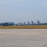 C-5 "Galaxy" transports lined up. The C-5 is the only plane based at Westover Air Reserve Base (Air Cache photo/John M. Guilfoil)