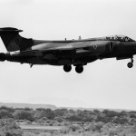 A Hawker Siddeley Buccaneer S.2B of No. 12 Squadron, Royal Air Force, performing a touch and go landing at the U.S. Navy Naval Weapons Center at China Lake, California (USA), during an air show of USN test and evaluation squadron VX-5 on 16 September 1981.