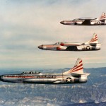 Formation of three F-94Cs (S/N 51-5642, 50-1063 and 51-5549) of the 354th Fighter Interceptor Squadron, Oxnard Air Force Base, Calif.,